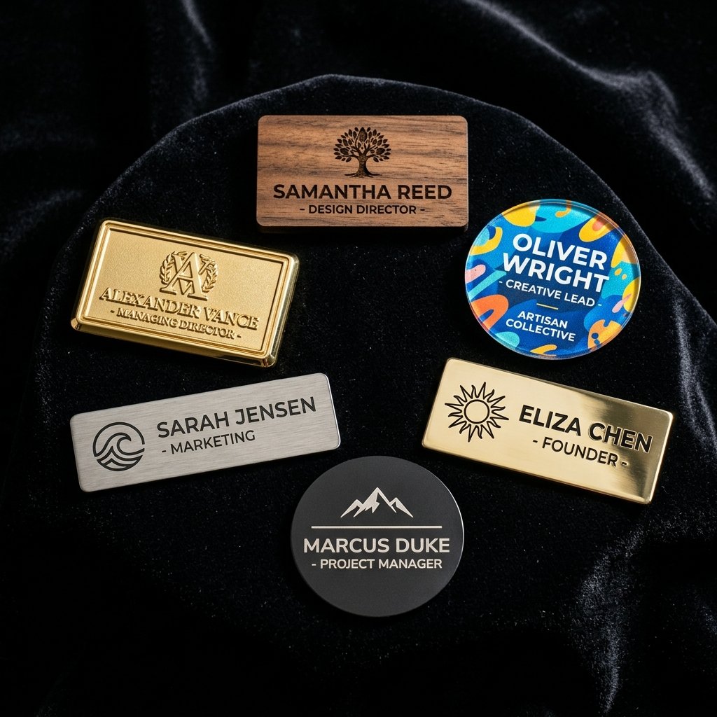 Artistic display of various custom name badge designs