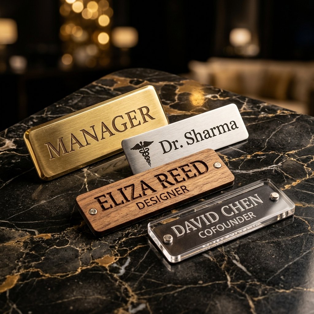 Premium brass and stainless steel custom name badges