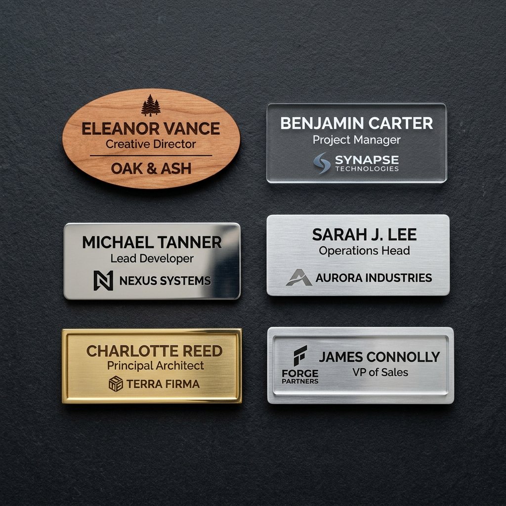 Variety of name badge materials - wood, acrylic, metal, brass